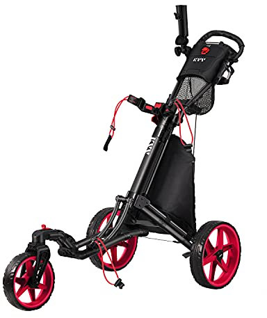 KVV 3 Wheel 360 Rotating Front Wheel Foldable/Collapsible Golf Push Cart with Foot Brake Open and Close in ONE Second-Free Umbrella Holder Included(Black/Red)