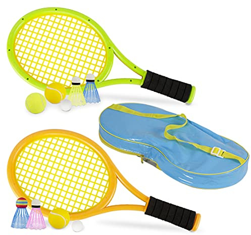 Kids Tennis Rackets with Carrying Bag,Soft Training Balls and Badminton Birdies,12 in 1 Tennis Racquets Gift Set for Children Outdoor Indoor Sports (Green+Yellow,Plastic,17inch)