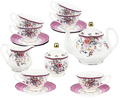 fanquare - Juego de 21 Tazas de café y platillo (Porcelana, 6 Unidades), diseño de Flores, Color Rosa