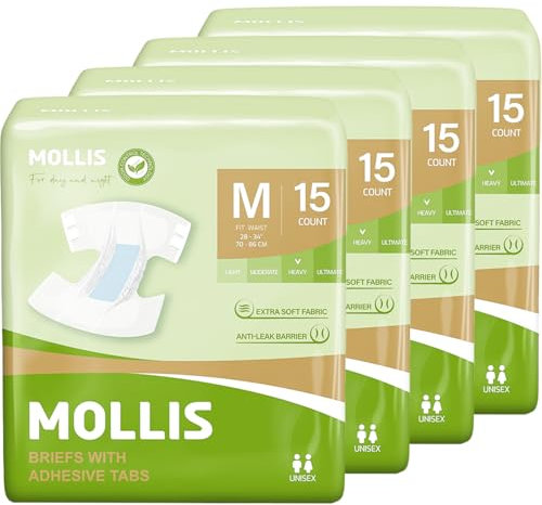 MOLLIS Windeln für Erwachsene, Windelhosen für Männer und Frauen, Inkontinenz Slip mit Tabs, maximale Saugfähigkeit, Auslaufschutz über Nacht, Unisex, Größe M, 60 Stück
