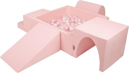 KiddyMoon lekområde i skum med fyrkantig bollbassäng (300 bollar) för barn, rosa, ljusrosa, pärlvit, genomskinlig
