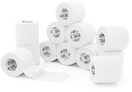 OK TAPE Benda Elastica Adesiva Coesiva autoadesivo sportivo wrap 12 Rotoli, 5cm x 4.5m, nastro adesivo non tessuto sportivo per Mani, Piedi, Ginocchia, Braccia,Bianco