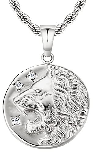KRKC&CO Löwe Kette Herren Münze Sternzeichen Anhänger Silberkette, 2,5mm 55,9cm Kordelkette Kettenanhänger Silber, Edelstahl Medaillon Halskette, Geburtstag Geschenk für Männer Jungen Freund