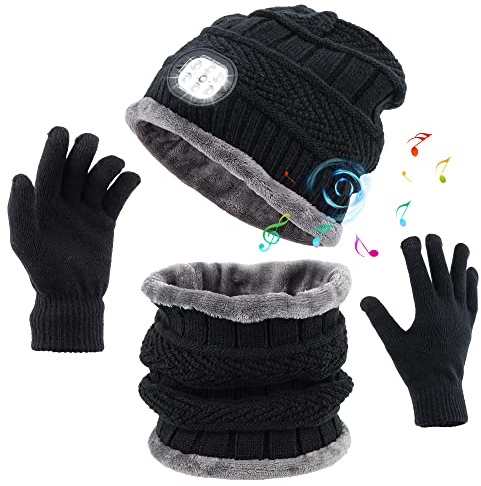 QKTYB Bluetooth Cappello con Luce LED, Bluetooth V5.0 Berretto Musicale con Torcia a LED con Guanti e Sciarpa Cappello Musicale Caldo Ricaricabile per Uomo Donna Corsa Sci Campeggio Ciclismo