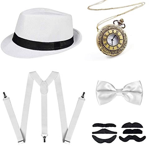 NITAIUN 1920er Herren Zubehör, Mafia Karneval Kostüm Herren, Great Gatsby Kostüm Set, 20er Jahre Accessoires, mit Panama Hut Taschenuhr Verstellbar Hosenträger Fliege Falscher Bart (Style F)