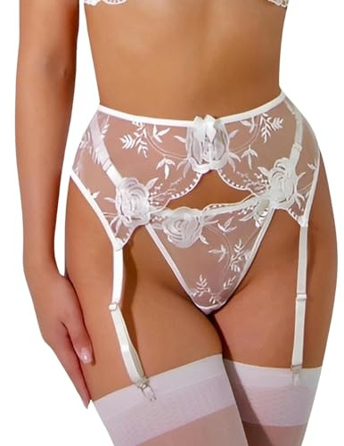 ROSVAJFY Women’s Garter Belt Suspenders for Stockings Sexy Lace High Waisted Set with Floral Embroidery, 4 Adjustable Straps, Metal Buckles with G-String Transparent Mesh Lingerie (White)
