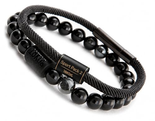 18KOra Pulseras hombre piedras naturales 8mm | Set 2 piezas (ónix elástica + cuerda náutica) | Regalo elegante Día del Padre y eventos especiales, versátil, resistentes al agua y duradero (Negro)