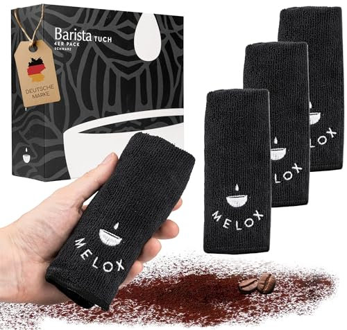 MELOX® - 4er Set Premium Barista Tuch 30 x 30 cm Mikrofaser Schwarz - Reinigungs-Handtuch für Dampflanze, Siebträger & Kaffeemaschinen - Tücher & Lappen zur Reinigung & Pflege saugstark, hitzefest