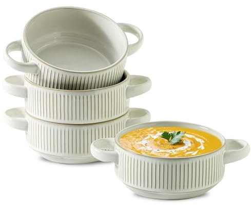 Howise Soup Bowls with Handles, 23 oz French Onion Soup Crocks, Stackable Soup Bowl Oven Safe for Chili, Beef Stew, Embossment Ceramic Bowl Set - 5.4 Inch, Set of 4