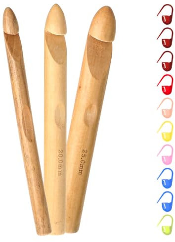 3 Pcs Large Crochet Hooks 15/20/25mm Wooden Crochet Hook Set with 10 Pcs Marking Buckle for Chunky Yarn, Sturdy Big Bamboo Crochet Needles for Giant Chunky Yarn Carpet Scarf Bulky Wool Roving Weaving