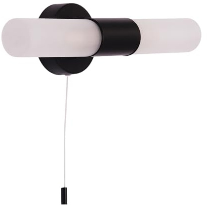 Happy Homewares Modern Matte Black IP44 Rated Bathroom Wall Light Fitting with Tubular Frosted Glass Shades | 2 x 5w G9 Required | 32cm x 10cm x 8cm | Pull Switched