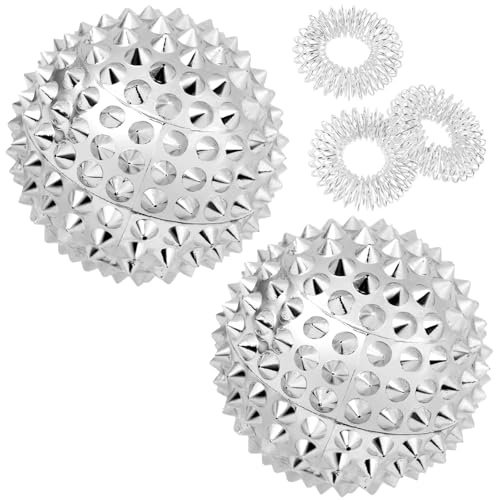 URAQT 2-delat magnetiskt massagebollset med 3 massageringar, handakupunkturboll för fysioterapi, 47 mm hälsomagnetisk massageboll och fidgetring för stresslindring av spända muskler (silver)