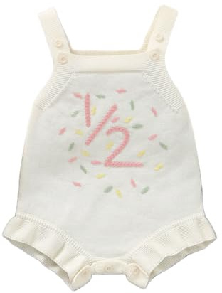 Yanmucy första födelsedag outfit stickad ärmlös baby flicka sparkdräkt 1 1/2 födelsedag flicka outfit tårta smash outfit, Vit 1/2, 6-12 Månader