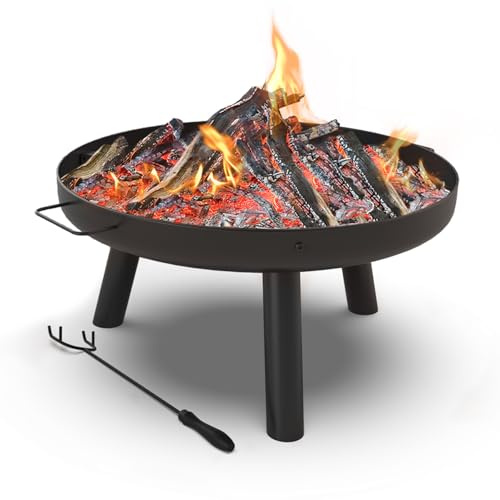 VOUNOT® Brasero Exterior Ø60 cm Hoguera de Metal Jardín con Trípode y Asas, Pozo de Fuego Fire Bowl, para Jardín Terraza Camping Fiesta, Negro