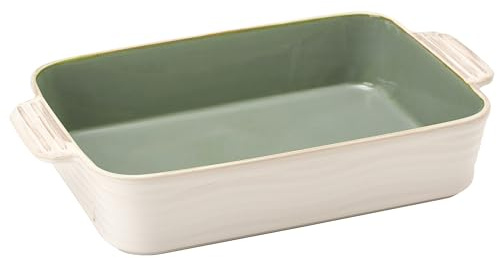 PORCER Ceramic Baking Dish, 3.49qt/3300ml Casserole Dishes for Oven, 14.37in/36.5cm Square Porcelain Bakeware Set with Handles, Lasagna Baking Pan for Cooking, Baking and Serving-White & Green