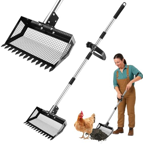 Paletta multifunzione 2 in 1 per vacce, rastrello per escrementi di pollo, paletta 2 in 1 per vacce, rastrello, rifiuti di animali domestici, pulizia del cortile, lunghezza regolabile/angolo con