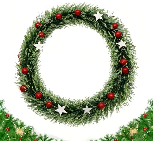 Corona de Navidad, 30cm Corona de Puerta de Navidad con Lazo Rojo Grande, Guirnalda Colgante y Adorno Navideño para Decorar la Puerta, Pared, Ventana, Árbol de Navidad o Chimenea (B)