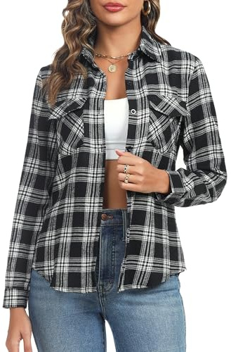 Aottori Camicia Donna a Quadri in Cotone Blusa Maniche Lunghe Camicetta Scozzese con Bottoni Camicie Flanella Classico Shirts Casual Nero Bianco M