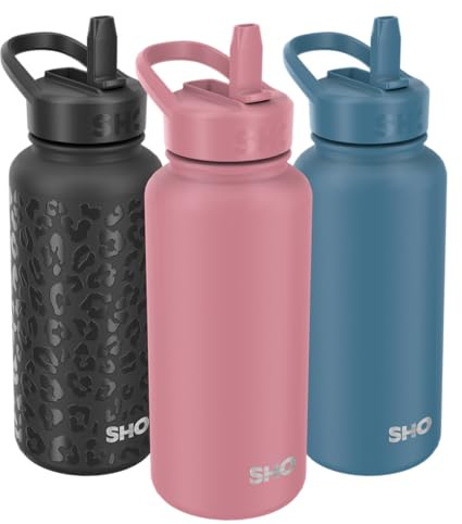SHO Guzzler Water Bottle with Straw Lid - Leakproof, Dishwasher Safe, BPA Free, No Sweat, Vacuum Insulated Double Walled Stainless Steel Flask, 950ml & 1900ml - 24 Hours Cold (Vintage Rose, 950ml)