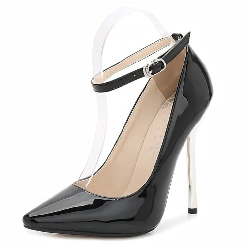 Escarpins À Bride Cheville, Bout Pointu – Talons Hauts Aiguilles Stiletto 15 cm, Chaussures Soirée Élégantes (Noir, 42)