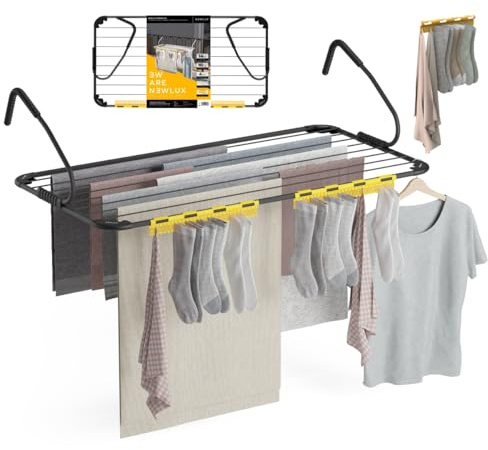 Newlux - Tendedero Balcón XXL Horizon V14 de Metal (107x55.5x28cm). Tendedero barandilla Plegable con Capacidad 14M y Resistencia 10kg. Accesorio Calcetines. Ideal Interiores y Exteriores, Negro