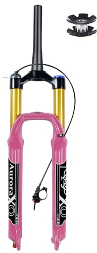 FKXSXAZ Mountainbike-luftfjädergaffel 26/27,5/29 tum, AIR-34 fjäderväg 160 mm, fjädergaffel med justerbart dragsteg, 9 mm snabbkoppling för MTB XC – rosa