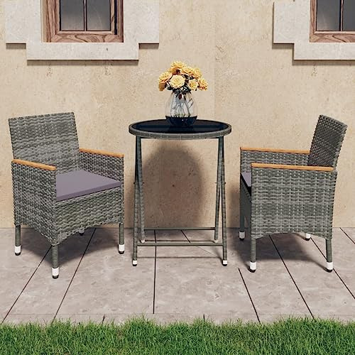 Ordellia Ensemble bistro 3 pièces en rotin synthétique et verre trempé gris, table de jardin pliable, 2 chaises avec coussins, meubles d'extérieur pour balcon, terrasse