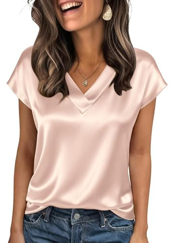 Satin Shirt Women UK Short Sleeve Party Tops for Women V Neck Elegant Silk Blouses UK Casual Tee Rose Gold XL 35