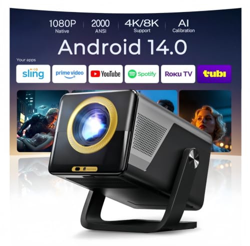 [2000 ANSI & 1080P Nativo] Proyector Inteligente X7 (Android 14), Soporte 8K/4K, Calibración Visual IA, Enfoque y Corrección Automática, WiFi 6, Bluetooth 5.4, Mando por Voz Air Mouse, Audio Hi-Res