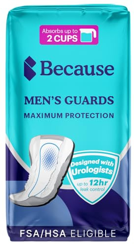 Because Premium Guards for Men - 20 Count Pack of Discreet, Individually Wrapped Bladder Protectors - Complete Absorbency, Fast-Locking, Odor Control - Comfort Fit, 2 Cups of Absorbency