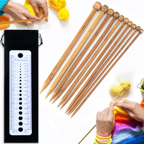 20 Stück Bambus Stricknadeln,Stricknadeln Set,Stricknadeln holz,Knitting Needles,Stricknadeln Bambus Set,Stricknadeln Einspitzig mit Lineal und Aufbewahrungstasche(2.5 mm bis 8 mm)