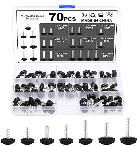 Moendergo 70PCS M4 Thumbscrew Set Carbon Threaded Knurled Knob Mounting Screw Grip Knobs Handle Bolts Round Clamping Screws Hose Clips for Kinds of Stand and Machine (A)
