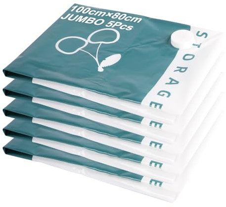 5 Pack Jumbo Vakuumbeutel(100 * 80cm),Entwickelt für Platzersparnis durch Kompression. Ideal zum Aufbewahren von Kleidung, Matratzen, Decken, Bettdecken, Kissen, Bettzeug und auf Reisen