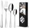 LAVISHLY - Set di posate in acciaio inossidabile da 16 pezzi per 4 persone, stoviglie lucidate a specchio, posate argentate, coltelli, forchette, cucchiai da tè, utensili da cucina, adatti per