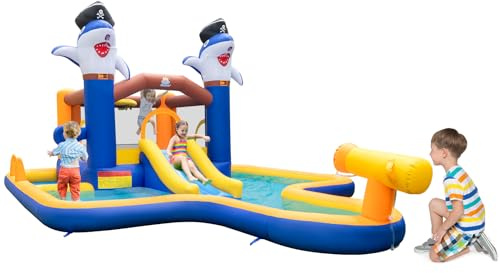 GOPLUS Ausblasbare Hüpfburg, Wasserpark in Haifischform mit Wasserrutsche, Planschbecken, Basketballkorb, Wasserkanone, Ringwurfspiel & Boxspiel, Bouncy Castle für Kinder 3-10 Jahre