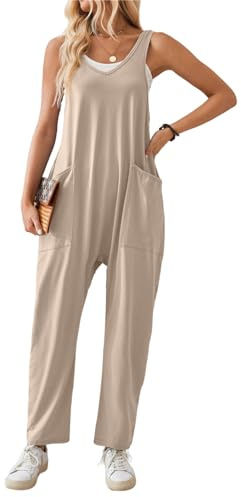 SotRong Summer Jumpsuit for Women Uk Casual Leisure Sleeveless V Neck Jersey Rompers Wide Leg Solid Harem Playsuits Baggy Loose Tank Overall with Pockets Oatmeal S