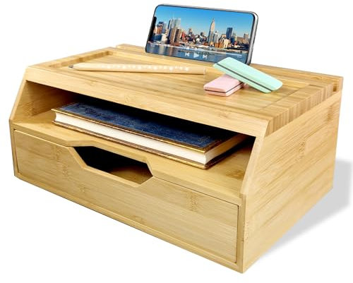 DGREGIO A4 Schreibtisch-Organizer aus Bambus, Büro Dokumentenablage Schreibtischablage mit Handy und Tablethalterung, Briefablage Ablagefächer Papierablage Bürozubehör Ordner Schubladenbox