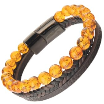 Mariiel BalticAmber armband för män i baltisk bärnsten och läder, handgjort, Średni, Bärnsten, - Amber