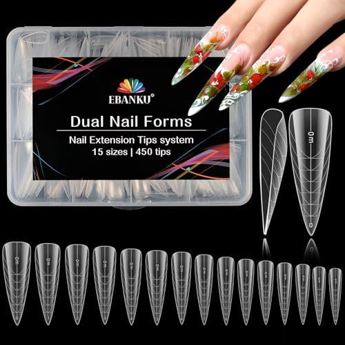 EBANKU 450 PCS Poly Gel Nail Forms, Reusable Dual Forms for Polygel Long Stiletto Nail Mold Acrylic Nail Extension Tool for Home Salon Nail Manicure, 15 Sizes