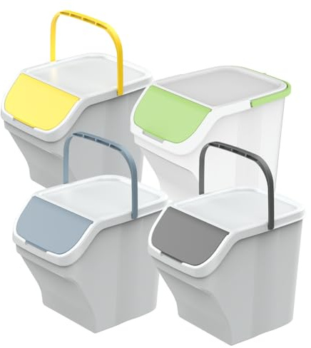 eacommerce - Pattumiera Contenitore 25L | Raccolta Differenziata | Bidone Modulare con Maniglia (Kit 4 Pezzi, Corpo Bianco)
