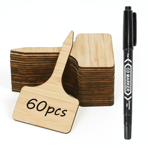 Bamworld Etichette Piante Bambù Tipo T, 60 Etichette con 1 Pennarello, Marcatori Giardino per Verdure Erbe Fiori in Vaso, Accessori Serra