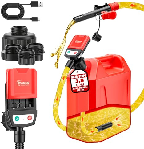 WADEO Pompa Benzina Elettrica, [Auto-Stop 15L/Min] [3.8GPM] Cavo USB da 3M, Tubo Lungo 1.3M, 4 Adattatori, Pompa Portatile per Diesel/Olio/Acqua, per Auto, Trattore, Moto, Barca