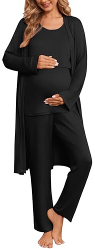 Ekouaer Nursing Pajamas Maternity Robe Set 3 Pieces Postpartum Maternity Pajama Set Pregnancy Breastfeeding Pj Black Large