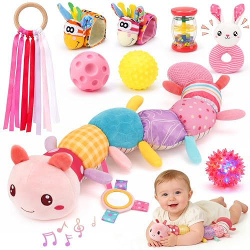 Joyreal Giocattoli per Neonati 0-6 Mesi, Scatola Sensoriale Baby Essentials 10 Pezzi, Giocattolo Musicale Bruco Baby, Sonagli, Nastri, Regalo Neonato per 0, 3, 6, 9 Mesi(Rosa)