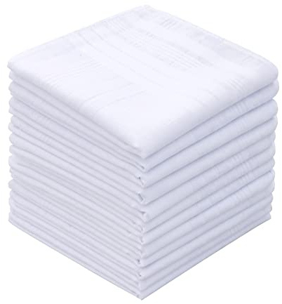 GB Men's Handkerchiefs 100% Cotton Solid White with Stripe Large Classic Hankies Bulk Set 12 Pack