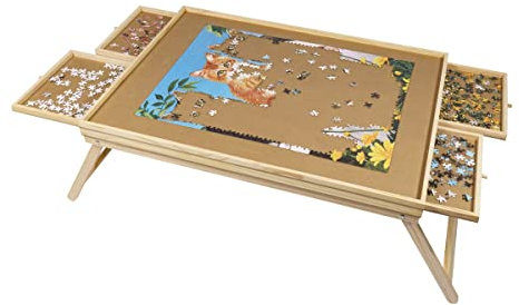 genialo Puzzle-Tisch Premium mit Beinen, Tisch mit 4 ausziehbaren Schubladen, Puzzle-Unterlage, Tischbeine ausklappbar, für 1500 Teile, Kiefernholz, MDF, braun