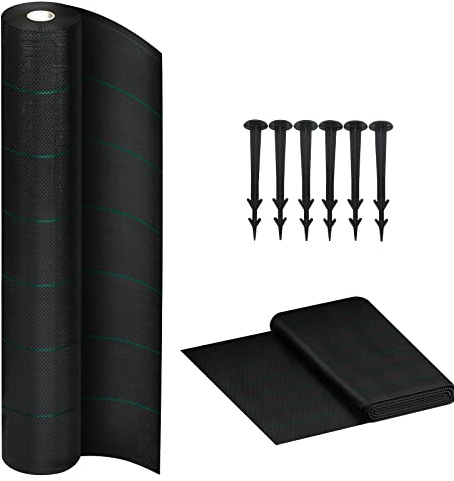 VA-Cerulean Rotolo di telo anti-erbacce da giardino, con ancoraggio, 50 m², 1 x 50 m, 100 g/㎡, permeabile all'acqua, protezione UV, antistrappo, per giardino e aiuole