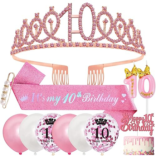 SWPEED 10:e födelsedagsdekorationer, 10:e födelsedagen skärp och tiara flickor födelsedagspresenter, födelsedagskrona pannband födelsedag skärp för flickor, 10-årsdag ballonger ljus tårttopp gåvor för