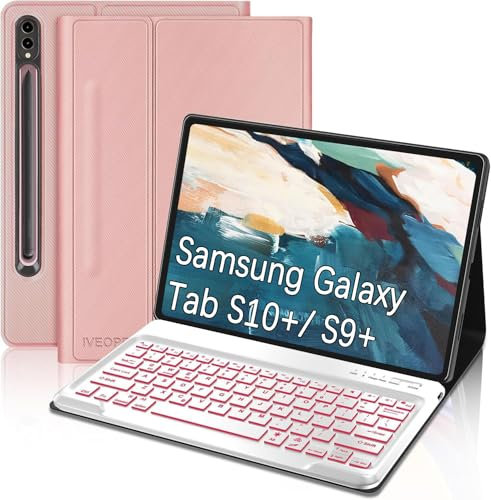 IVEOPPE Case Keyboard for Samsung Galaxy Tab S9+ 12.4 Inch 2023, Keyboard Case for Galaxy Tab S8 Plus/S7 Plus/S7 FE 12.4 inch with Detachable Wireless Backlit Keypad, Pink