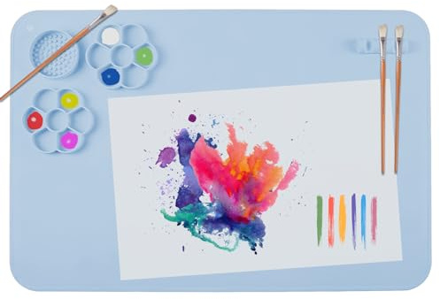 SOQKEEN Tapete de Silicona con Paleta y Soporte para Pinceles 40x60cm (Azul), Alfombrilla Grande Antiadherente y Plegable para Pintura, Arcilla, Resina, DIY